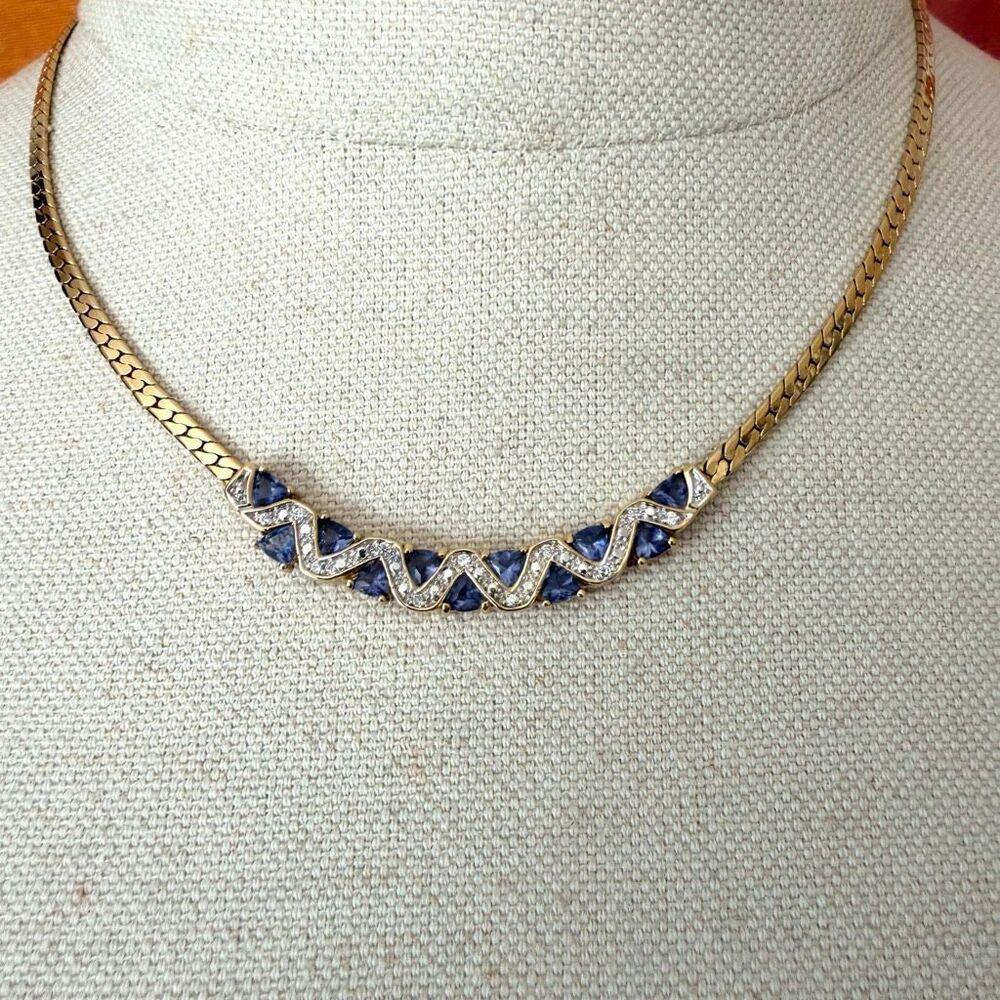 Vintage Gold Tone Blue Trillion Rhinestone Zigzag Statement Necklace